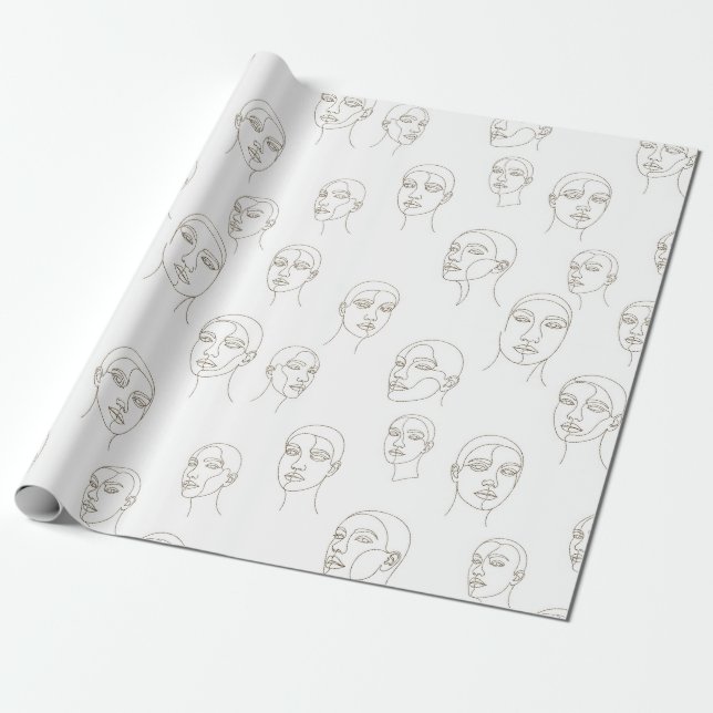 Papel De Presente Padrão de Linha de Rosto Feminino Minimalista (3) (Desenrolado)