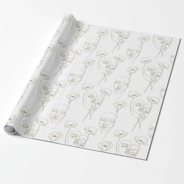 Papel De Presente Padrão de linha de rosto floral vintage preto e br (Desenrolado)