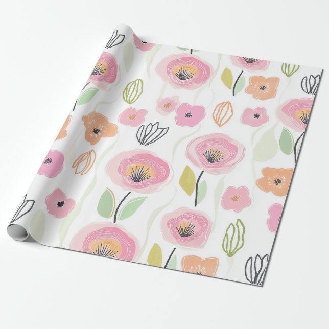 Papel De Presente Padrão de Linha Floral Abstrata Moderna (2) (Desenrolado)