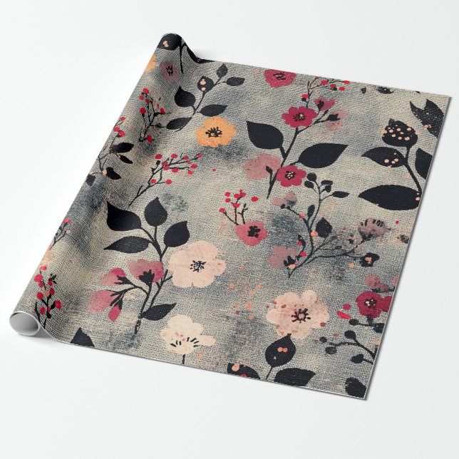 Papel De Presente Padrão de Linho Floral Bege Rústico (3) (Desenrolado)