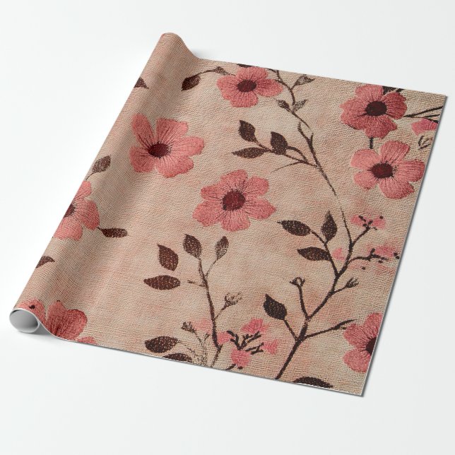Papel De Presente Padrão de Linho Floral Bege Rústico (4) (Desenrolado)