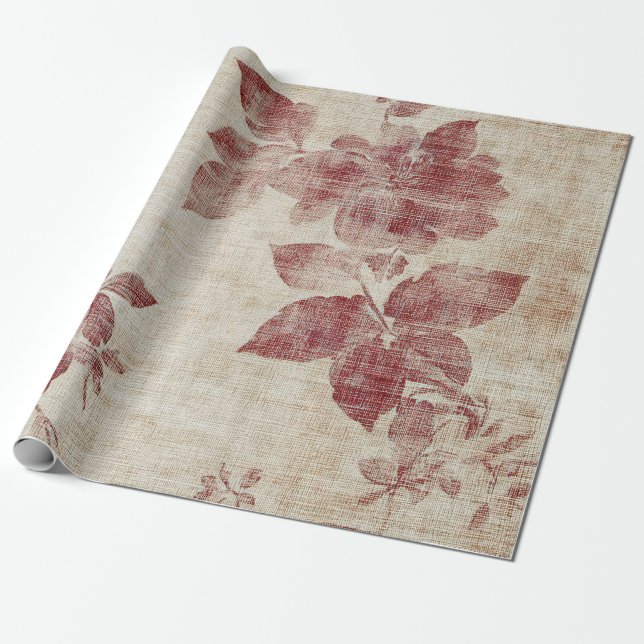 Papel De Presente Padrão de Linho Floral Rosa Choque Rústico (1) (Desenrolado)