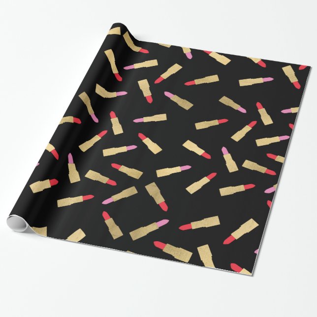Papel De Presente Padrão de Lipstick de luxo em preto (Desenrolado)