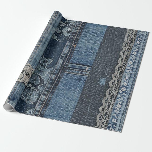 Papel De Presente Padrão de Listra de Renda de Jeans Índigo (Desenrolado)