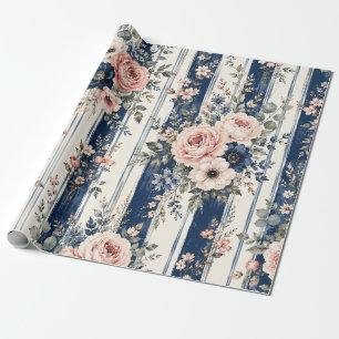 Papel De Presente Padrão de Listra Floral Azul Marinho em Aquarela
