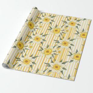 Papel De Presente Padrão de Listra Floral de Narciso Amarelo Ensolar