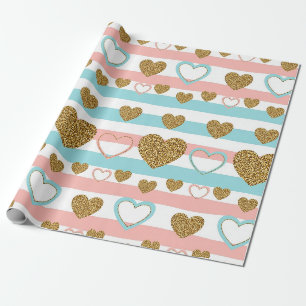 Papel De Presente Padrão de Listras Coração Pastel com Brilho (4)