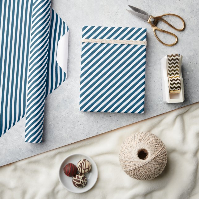 Papel De Presente Padrão de Listras Diagonais em Azul Teal Escuro e  (Artesanato)