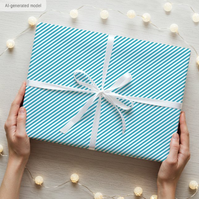 Papel De Presente Padrão de Listras Finas e Elegantes em Azul Turque (Criador carregado)