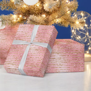 Papel De Presente Padrão de Listras Glamour com Brilho Rosa e Dourad