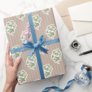 Papel De Presente Padrão de Listras Marrons Rosas Brancas Florais Vi