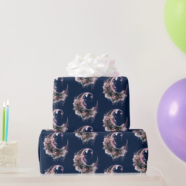 Papel De Presente Padrão de Lua Crescente Preta e Rosa de Halloween (Presentes para festas)