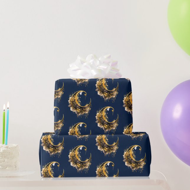 Papel De Presente Padrão de Lua Crescente Preto e Dourado de Hallowe (Presentes para festas)