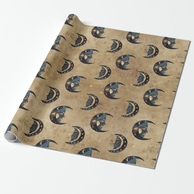 Papel De Presente Padrão de Lua e Estrela da Astrologia Vintage (Desenrolado)