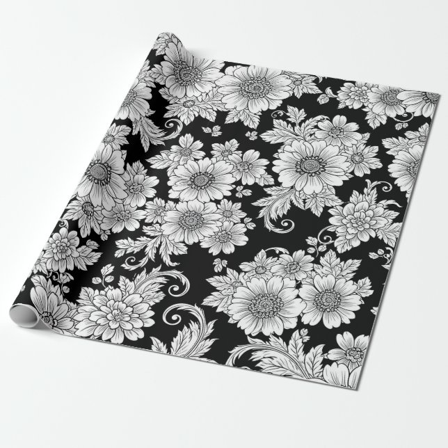 Papel De Presente Padrão de Luxo Floral Monocromático Chic (2) (Desenrolado)
