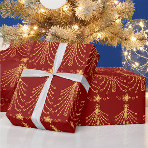 Papel De Presente Padrão de Luzes de Natal em Árvore de Natal Vermel