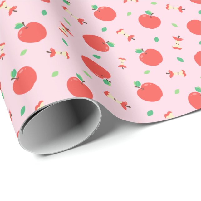 Papel De Presente Padrão de Maçã Bonito com Fundo Rosa (Ponta do rolo)