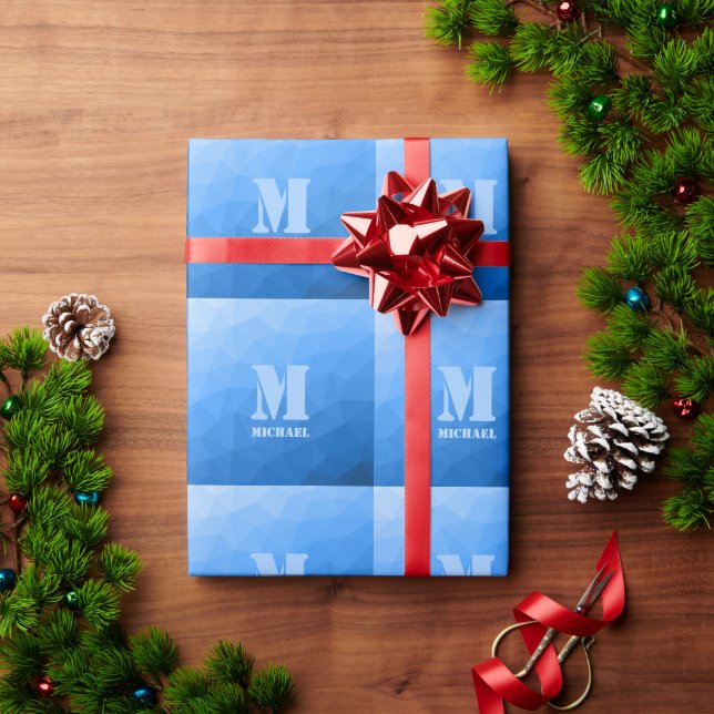 Papel De Presente Padrão de malha geométrica azul claro Monograma (Presente de Natal)