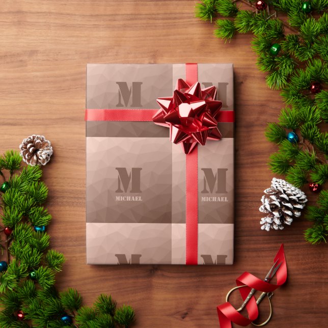 Papel De Presente Padrão de malha geométrica Marrom Mocha Monograma (Presente de Natal)