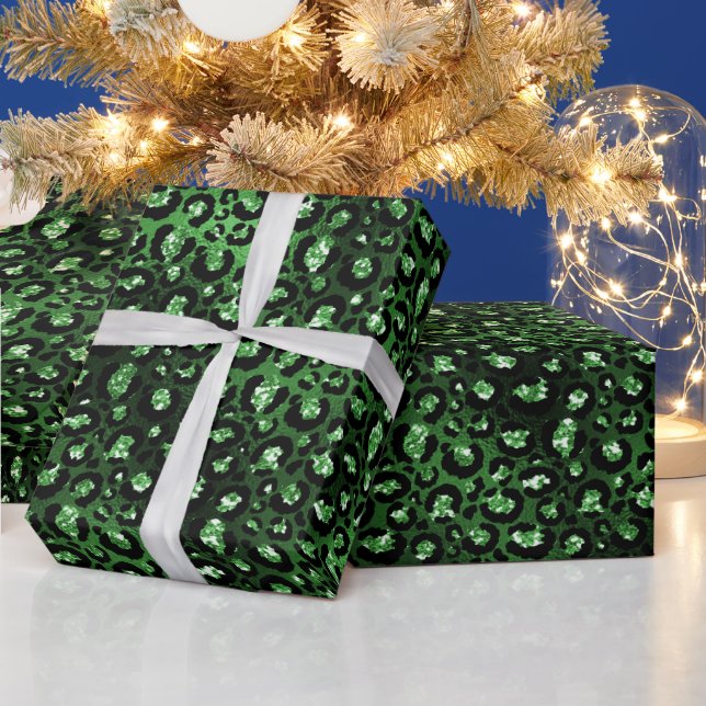 Papel De Presente Padrão de Manchas de Leopardo Glam Glitter Verde (Feriados)