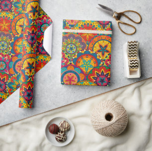 Papel De Presente Padrão de Mandala Colorida Retroativa Funky