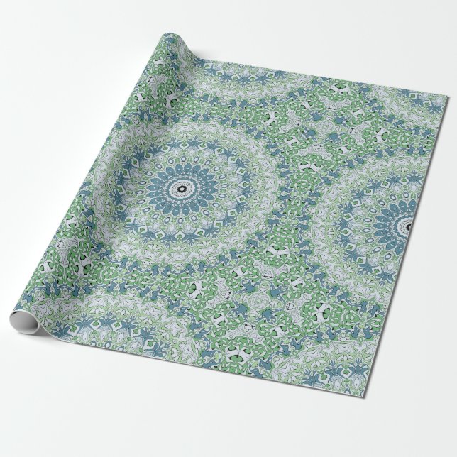 Papel De Presente Padrão de Mandala Costeira Azul e Verde Marinho (Desenrolado)
