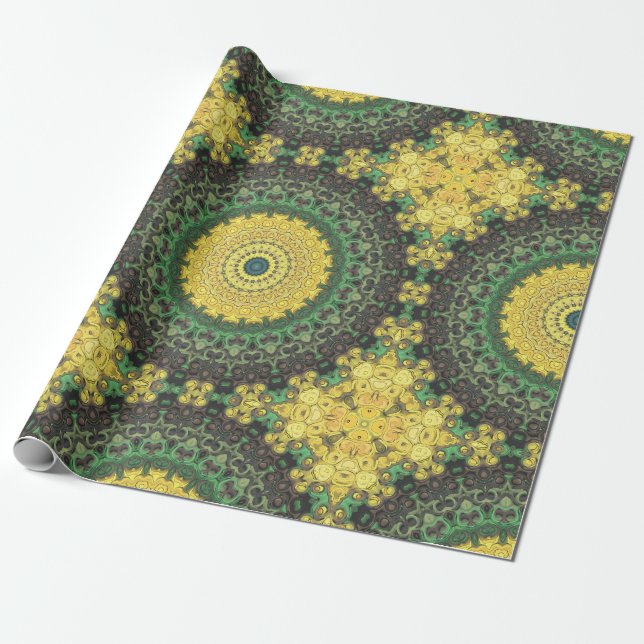 Papel De Presente Padrão de Mandala em Caleidoscópio Amarelo e Verde (Desenrolado)
