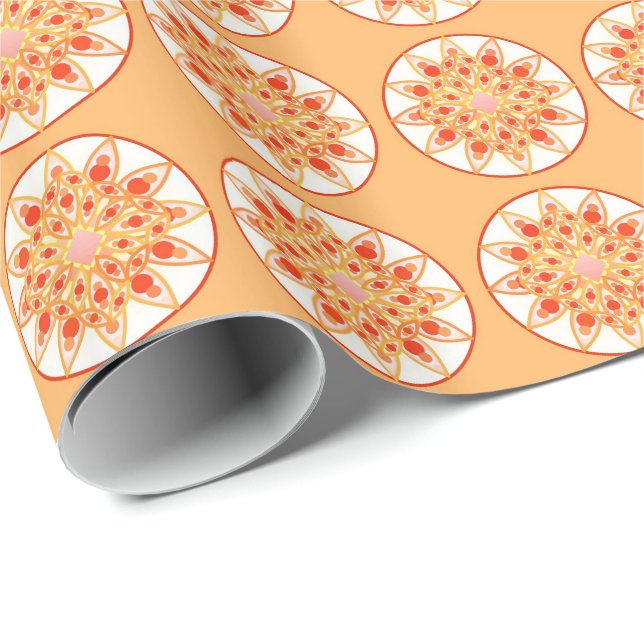 Papel De Presente padrão de mandala em coral, laranja e dourado (Ponta do rolo)