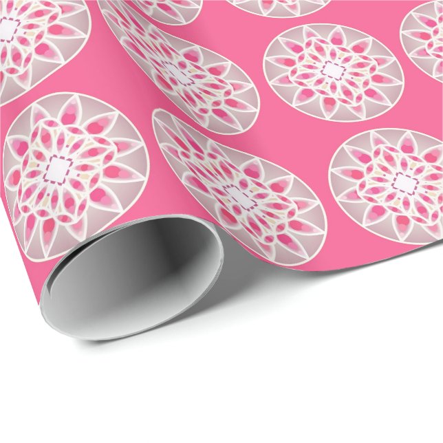 Papel De Presente Padrão de Mandala em rosa-quente, branco e cinzas (Ponta do rolo)