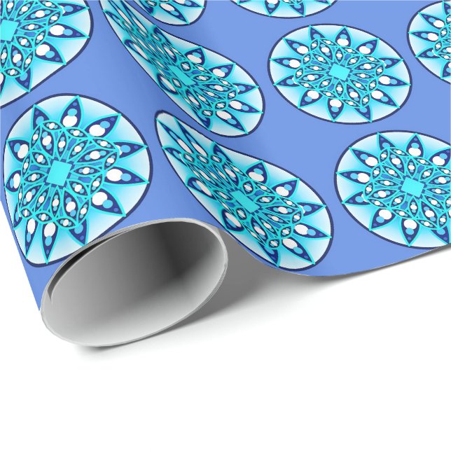 Papel De Presente Padrão de mandala em turquesa, cobalto e branco (Ponta do rolo)