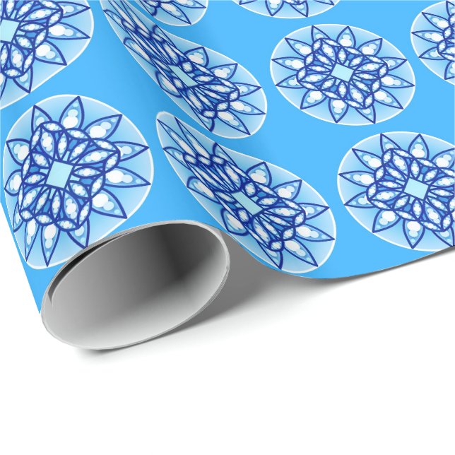 Papel De Presente Padrão de Mandala em turquesa, marinho e branco (Ponta do rolo)