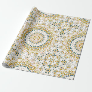 Papel De Presente Padrão de Mandala Geométrico Dourado e Verde