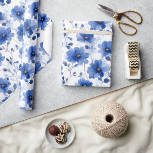 Papel De Presente Padrão de margarida azul de aquarela