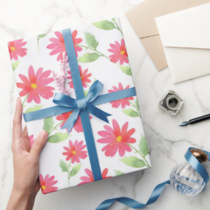 Papel De Presente Padrão de Margarida Cor de Água Rosa Coral