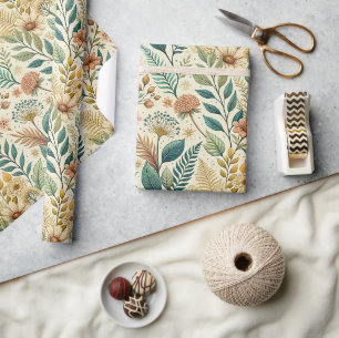Papel De Presente Padrão de Margarida e Folhas Botânicas Vintage
