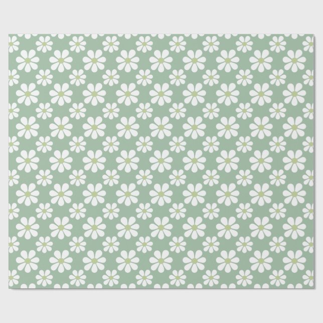 Papel De Presente Padrão de Margarida Verde Branco (Aberto)