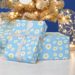 Papel De Presente Padrão de Margaridas Blue Boho Spring