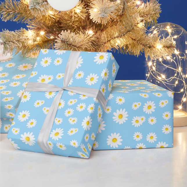 Papel De Presente Padrão de Margaridas Blue Boho Spring (Feriados)