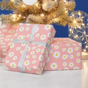 Papel De Presente Padrão de Margaridas Boho Rosa Coral de Primavera