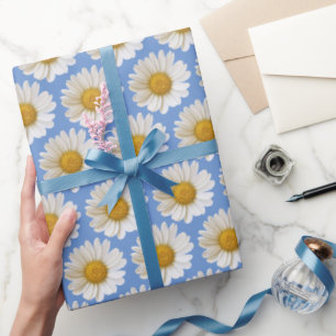 Papel De Presente Padrão de Margaridas Brancas em Fundo Azul