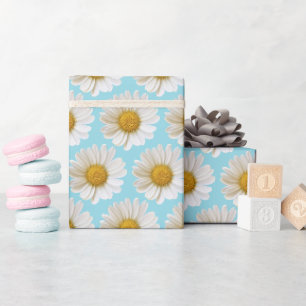 Papel De Presente Padrão de Margaridas Brancas em Fundo Azul Claro