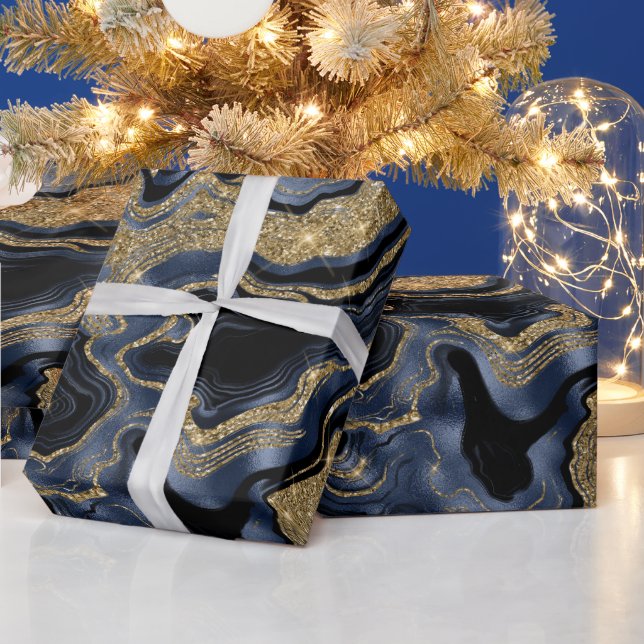 Papel De Presente Padrão de Mármore Ágata Azul Naval e Dourado Elega (Feriados)