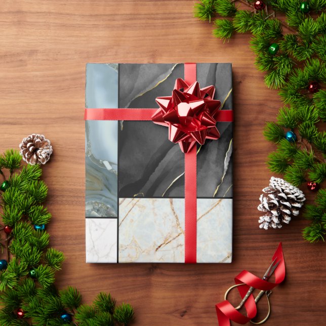 Papel De Presente Padrão de mármore branco e preto na moda Dourado (Presente de Natal)