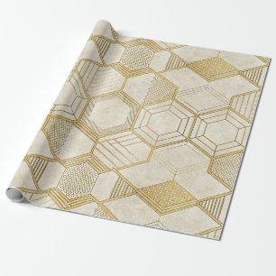 Papel De Presente Padrão de Mármore Creme Geométrico Hexágono Dourad