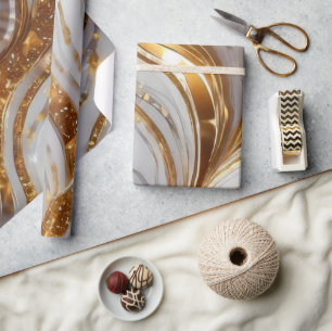Papel De Presente Padrão de Mármore Elegante Branco e Dourado Brilha
