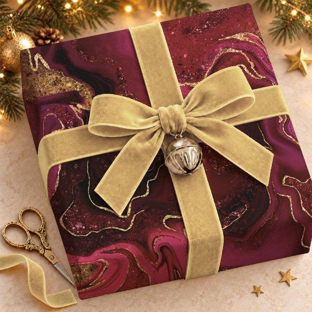 Papel De Presente Padrão de Mármore Elegante Dourado Vermelho Fluido (Criador carregado)