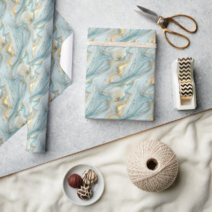 Papel De Presente Padrão de mármore líquido Dourado em branco e azul