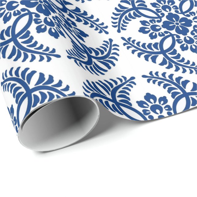 Papel De Presente Padrão de Medalhão Japonês, Azul Cobalto e Branco (Ponta do rolo)