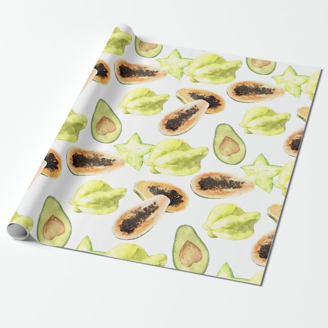 Papel De Presente Padrão de Monograma de Frutas Exóticas Comestíveis (Desenrolado)