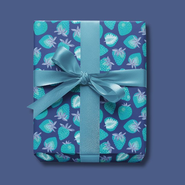 Papel De Presente Padrão de Morango Azul (Cute strawberry summer fruit wrapping paper, ideal for birthdays gift wrap.)